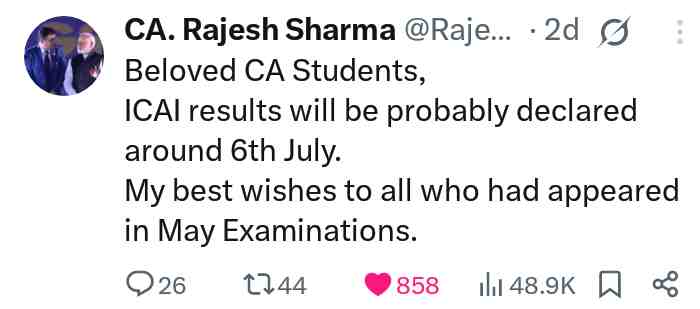 icai ca rajesh sharma latest tweet for ca final may 2025 result