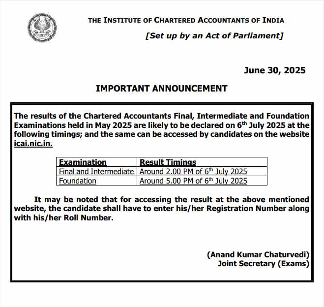 ICAI CA Final 2025 result official notification pdf